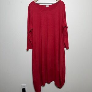 Cotton Lani Women Lagenlook Dress 2X‎ Red Long Sleeve Boho Artsy Scoop Neck